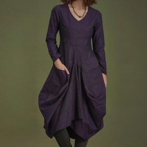 V Neck Boho Long Sleeve Asymmetric Dress With